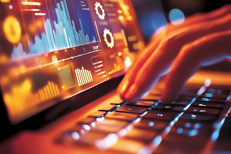 Close up of a laptop keyboard with holographic data visuals emphasizing analysis and innovation