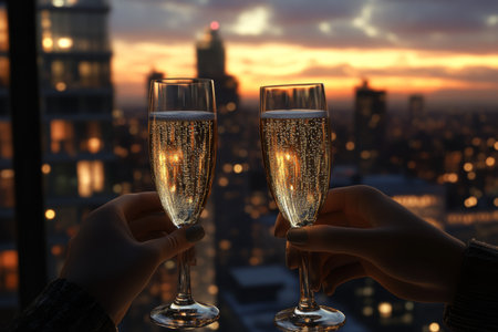 A romantic evening with champagne in hand, against a stunning sunset and cityscape glowの写真素材