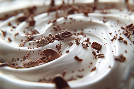 Close up of creamy white and milk chocolate swirl with shavings in soft, warm lightingの写真素材