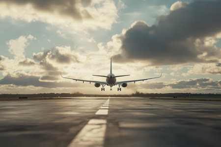 Cinematic low angle shot of an airplane taking off against a stunning sky backgroundの写真素材