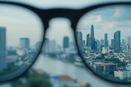 Minimalist close up of black eyeglasses reflecting cityscape against a white background