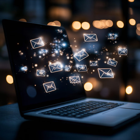 Laptop with glowing email icons against a blurred dark background, symbolizing online messaging tech
