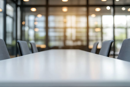 Abstract business backdrop blurred modern office interior with bokeh lights and glass door