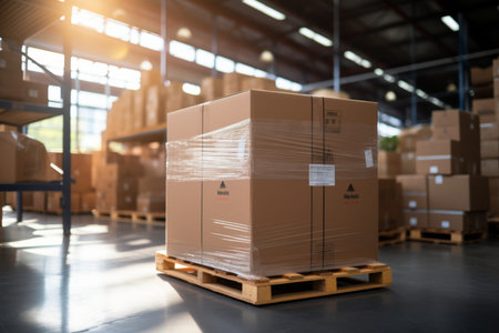 Large cardboard box on pallets in warehouse, perfect for online product showcase and web designの写真素材