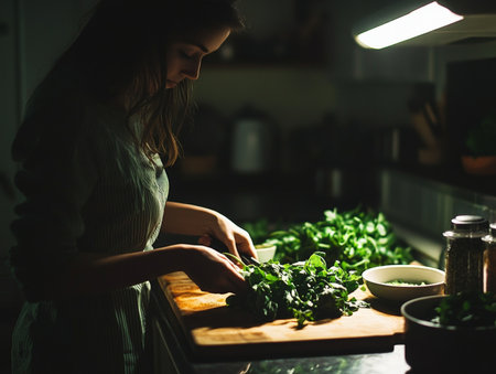 Woman preparing a nutritious meal in a modern kitchen for healthy living and lifestyle themesの写真素材