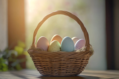 Elegant basket holding five colorful easter eggs, capturing the spirit of the holiday season