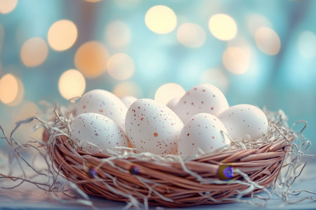 Colorful easter eggs artistically arranged in a decorative basket with a vibrant background.