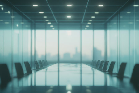 Dreamy minimalist office interior with blurred conference table and natural light from windowsの写真素材