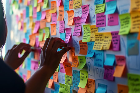Close up of a creative brainstorming session with colorful sticky notes in a modern office settingの写真素材