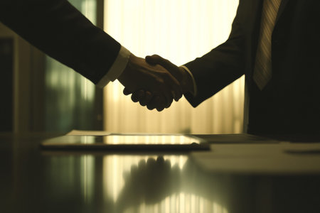 Business meeting scene professionals shaking hands over conference table with data presentation