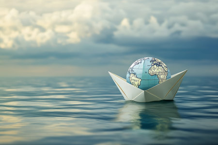 A delicate paper boat gracefully carries the globe across a tranquil and serene ocean expanse.
