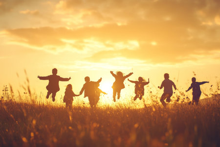 Joyful silhouettes of children jumping in a field at sunset, celebrating summer fun togetherの写真素材