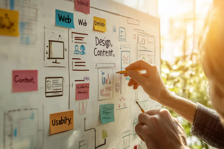 Close up of a vibrant collaborative workspace with colorful sticky notes and project planning toolsの写真素材