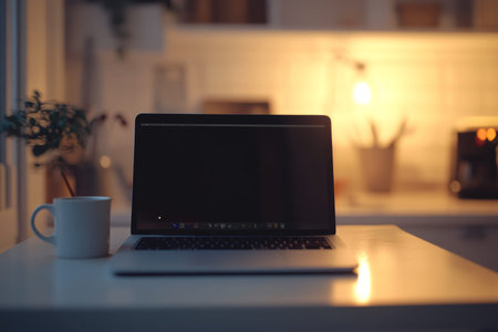 Modern home office setup with laptop, coffee mug, and accessories in a bright white theme