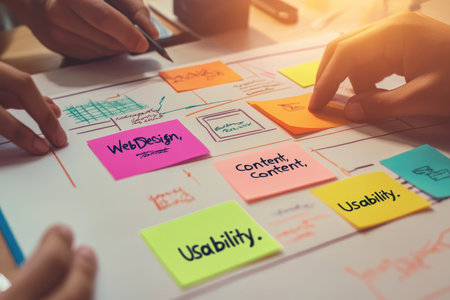 Close up of a colorful collaborative workspace with sticky notes for project planningの写真素材