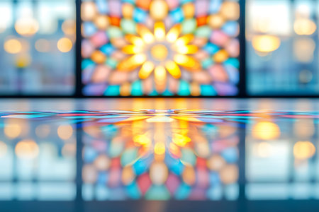 Blurred Abstract Background With Stained Glass Window Reflecting On Shiny Surface With Bokeh Lights.の写真素材