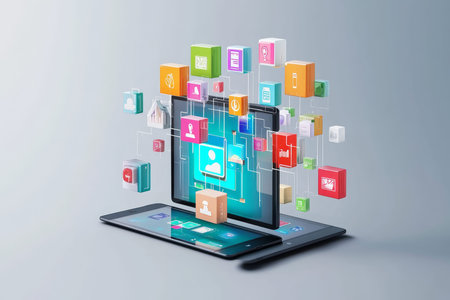 Realistic 3d render of modern tablet and smartphone with mobile icons on gray background