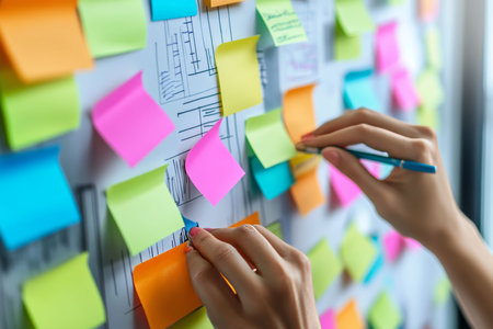 Close up of hands adding colorful sticky notes to a whiteboard in a modern office setting