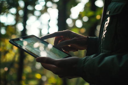 Close up of hands using a tablet outdoors, focusing on screen interaction in nature