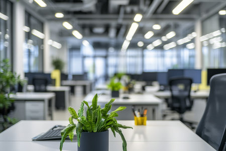 Modern office interior with blurred bokeh lights and ample copy space for business presentations
