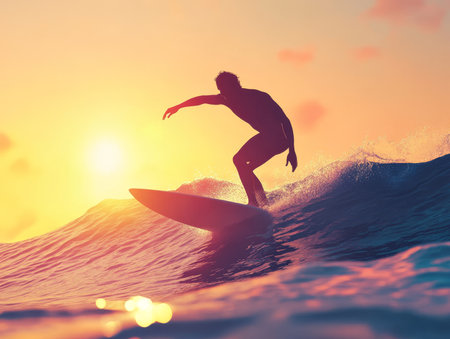 Silhouette of a surfer riding waves at sunset an epic Hawaiian adventure in tropical paradiseの写真素材
