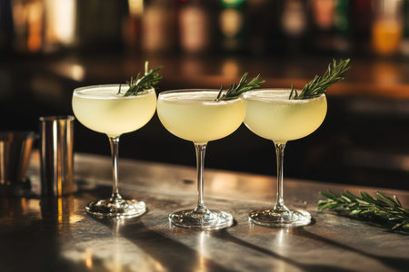 Three colorful cocktails served on a bar counter, perfect for a refreshing evening outの写真素材