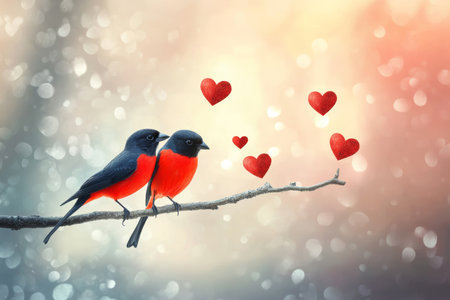 Two lovebirds sitting together on a branch surrounded by floating hearts of loveの写真素材