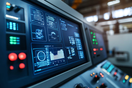 Advanced cnc machine control panel with digital screens displaying complex data and graphs