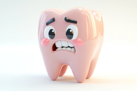 3d cartoon tooth character expressing discomfort from sour candy on a clean white backgroundの写真素材