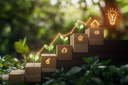Visualizing sustainable growth wooden steps with seedlings and a glowing green innovation iconの写真素材