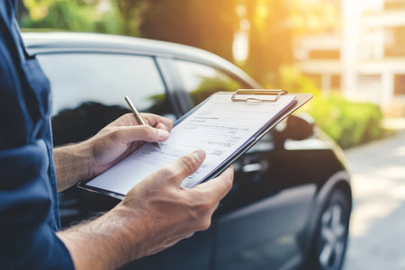 Car mechanic explains vehicle maintenance checklist to customer at auto repair garageの写真素材