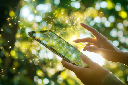 Close up of hands interacting with a tablet outdoors, emphasizing digital connection in natureの写真素材