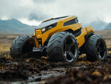 Futuristic electric excavator in field high tech yellow, black, and gray digging machine actionの写真素材