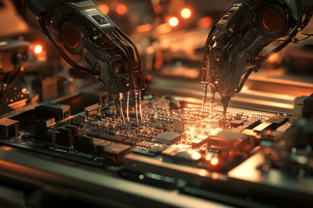 Close up view of robotic arms assembling a circuit board in a high tech manufacturing settingの写真素材
