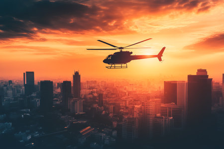 Black helicopter flying over downtown cityscape at sunset, showcasing tall skyscraper buildingsの写真素材