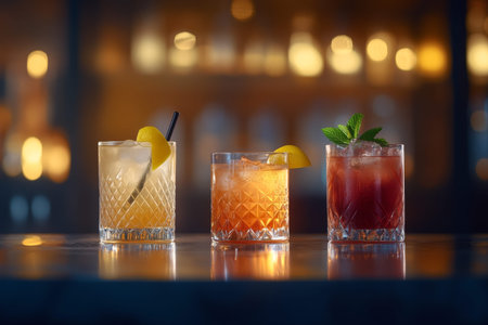 Three vibrant cocktails served on a bar counter, perfect for a refreshing experience