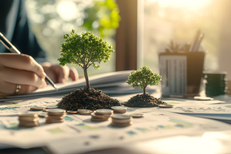 Miniature trees on financial documents symbolize eco investment and sustainable development conceptの写真素材