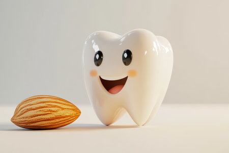 Joyful 3d animated tooth character enjoys crunchy almond snack radiating positive energy on whiteの写真素材