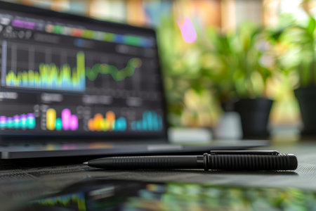 Modern business growth bar graph, upward arrow, laptop pen illustrating sales progression
