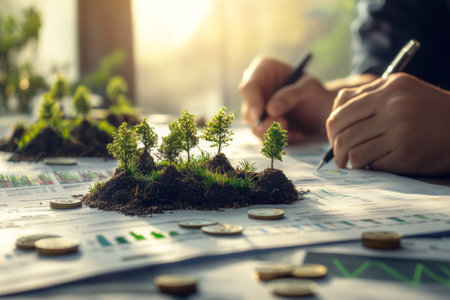 Miniature trees on financial documents a vision of sustainable development and eco investmentの写真素材