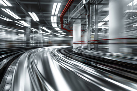 Dynamic motion blur inside a modern factory with a focus on metallic conveyor belt systemの写真素材