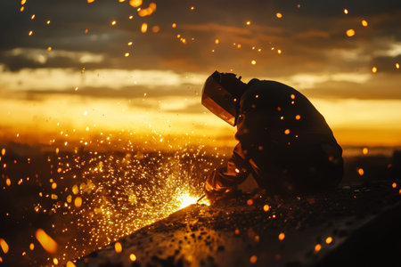 Welder at sunset captivating sparks illuminated industrial craftsmanship and manual labor themes