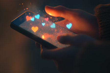 Close up of a hand using a smartphone with glowing social media reaction icons above itの写真素材