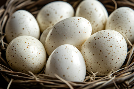 Vibrant white eggs arranged beautifully in a basket against a soft background