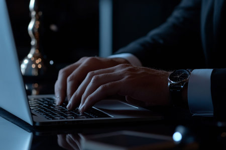 Close up of businessman typing on laptop in office, focused on work and online researchの写真素材