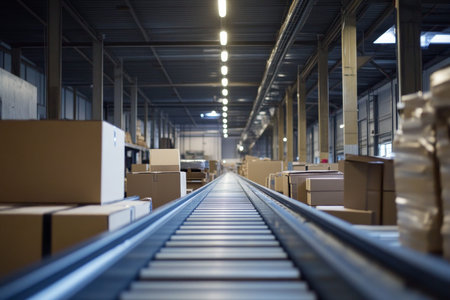 Photograph of cardboard boxes on conveyor in warehouse for e commerce fulfillment and delivery