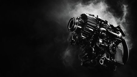 Black and white banner showing an engine on a dark backdrop with space for text in stock styleの写真素材