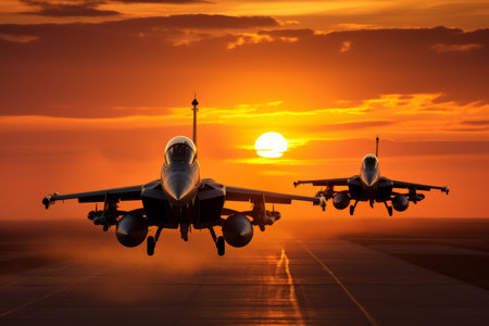 Fighter jets lined up on the runway, showcasing impressive power against a vibrant sunsetの写真素材