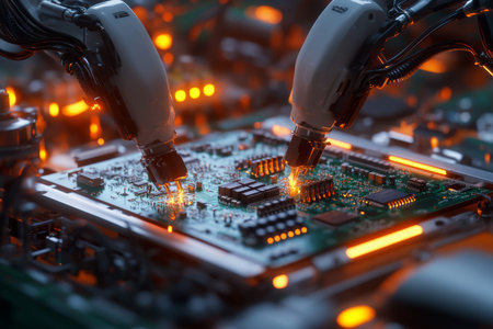 Close up of advanced circuit board assembly with robotic soldering arms in a high tech environment