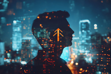 Double exposure of businessman pondering financial growth with rising arrow over city skyline